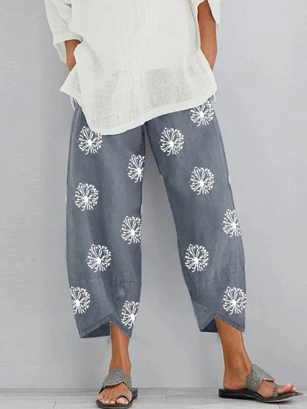 Dandelion Print Loose Cropped Pants With Side Pockets Casual Split Joint Trousers