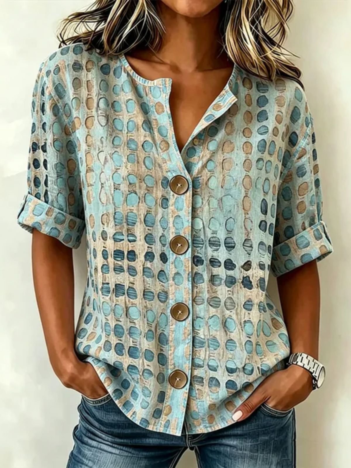 Vintage Polka Dot Print Stand Collar Rolled Short Sleeve Button Down Casual Shirt