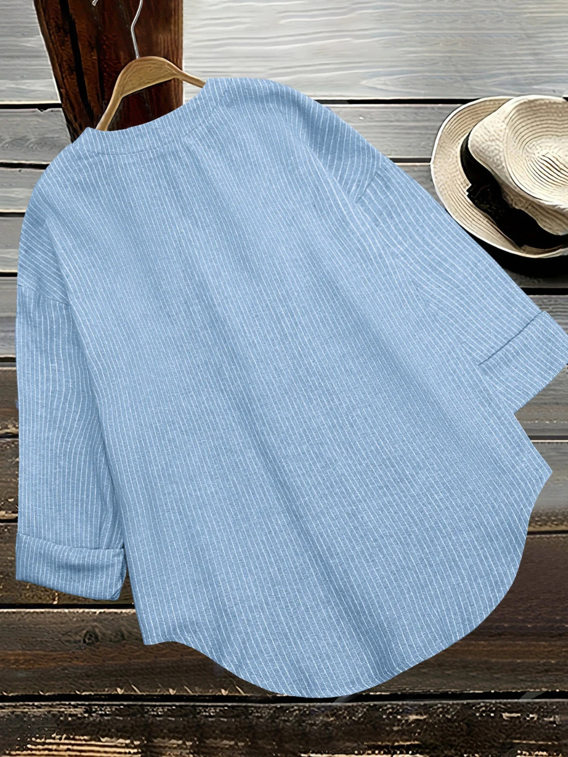 Blue White Vertical Striped Notched V Neck Long Sleeve Button Down Casual Blouse