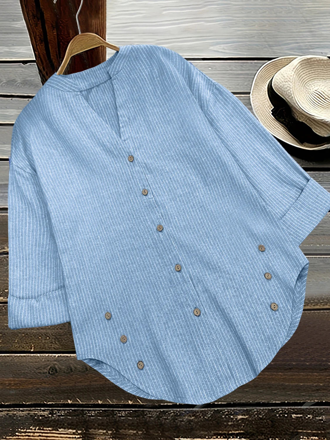 Blue White Vertical Striped Notched V Neck Long Sleeve Button Down Casual Blouse