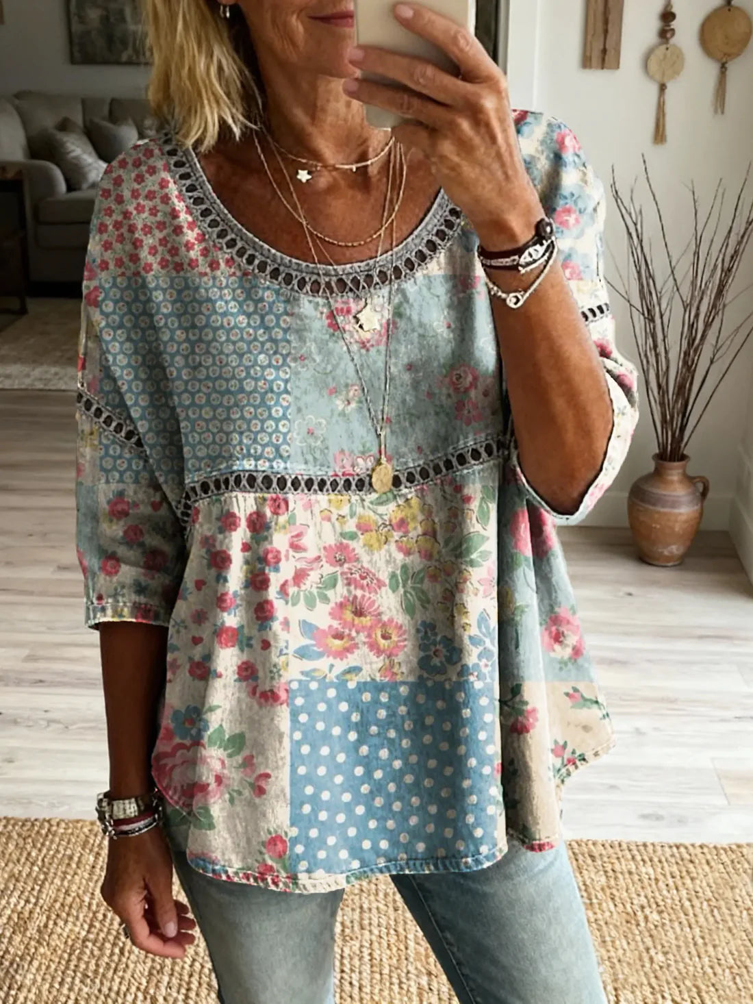 Vintage Patchwork Floral 3/4 Sleeve Cotton Linen Blouse Hollow Round Neck Casual Loose Top