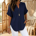 Women'sV Neck Rolled Short Sleeve Loose Blouse with Asymmetric Curved Hem