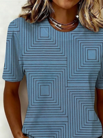 Geometric Square Line Print Crew Neck Short Sleeve Curved Hem Casual T-Shirt
