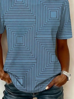 Geometric Square Line Print Crew Neck Short Sleeve Curved Hem Casual T-Shirt