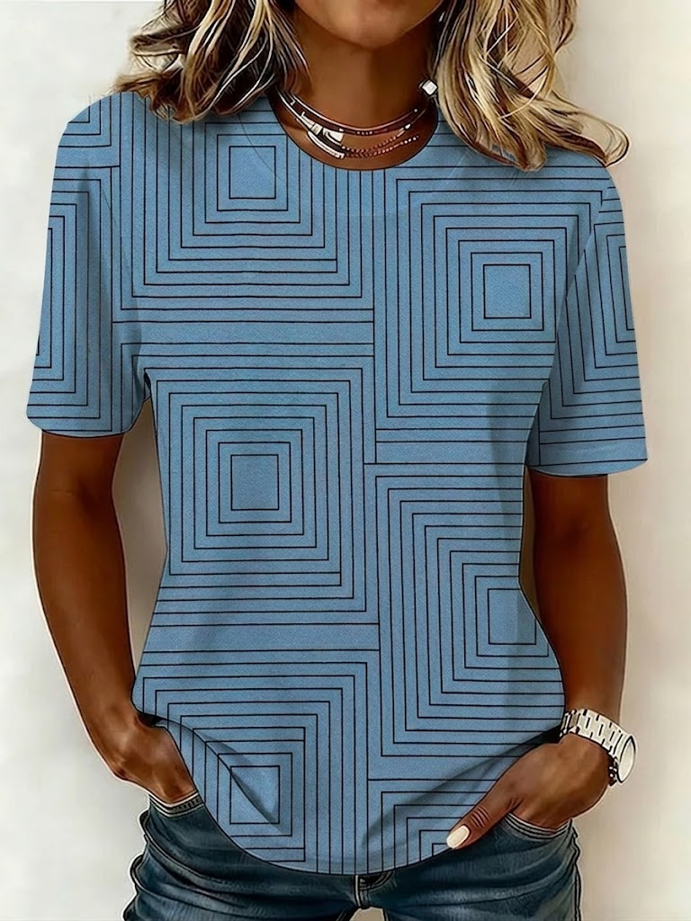 Geometric Square Line Print Crew Neck Short Sleeve Curved Hem Casual T-Shirt