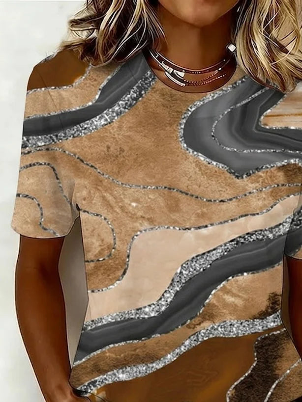 Marble Glitter Abstract Print Crew Neck Short Sleeve Curved Hem Casual T-Shirt
