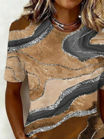Marble Glitter Abstract Print Crew Neck Short Sleeve Curved Hem Casual T-Shirt