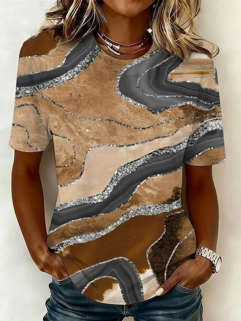Marble Glitter Abstract Print Crew Neck Short Sleeve Curved Hem Casual T-Shirt