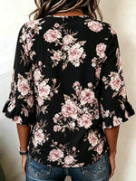 Black Base Pink Floral V Neck Ruffle Half Sleeve Wooden Button Casual Blouse