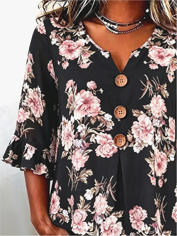 Black Base Pink Floral V Neck Ruffle Half Sleeve Wooden Button Casual Blouse