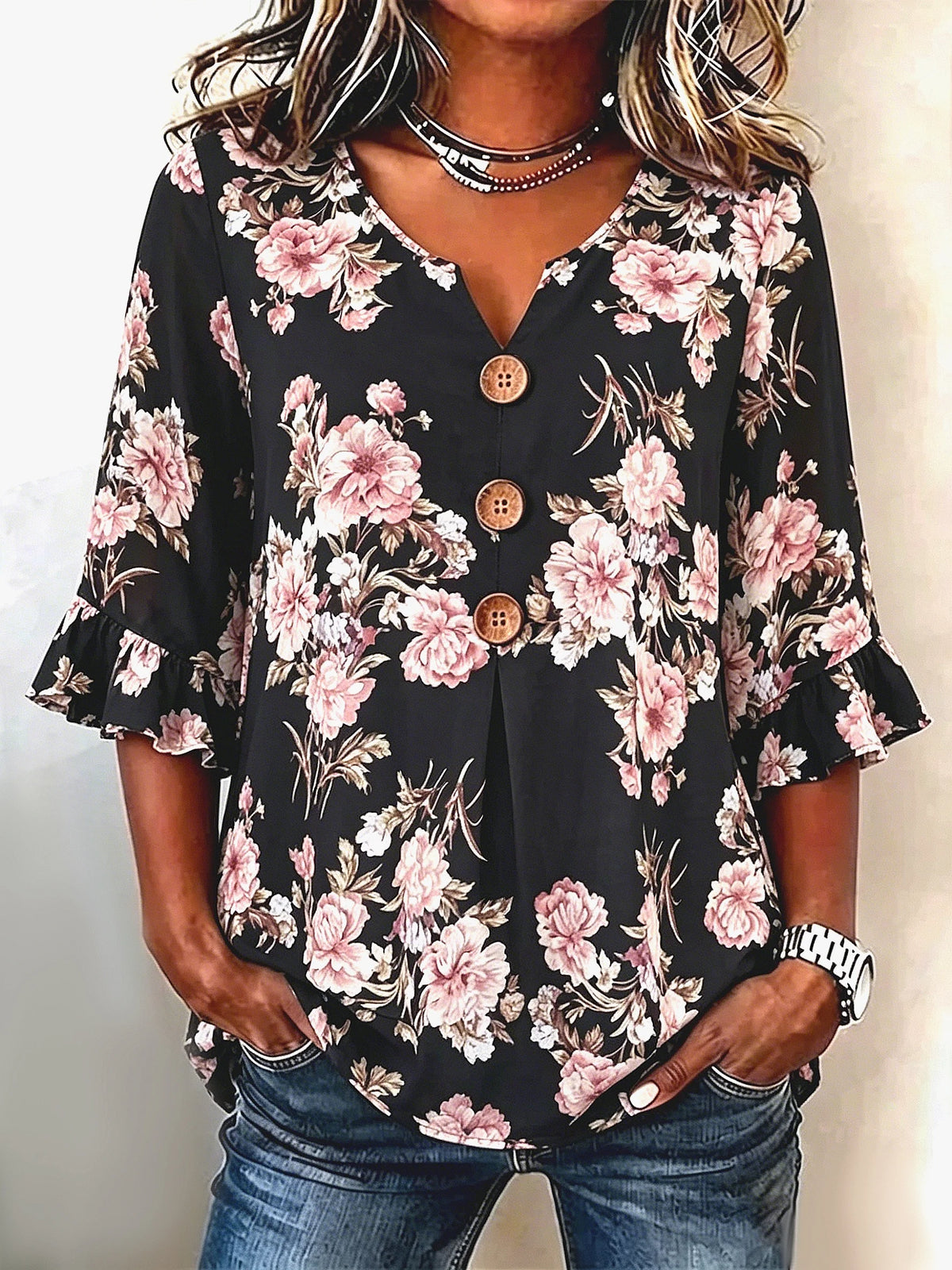 Black Base Pink Floral V Neck Ruffle Half Sleeve Wooden Button Casual Blouse