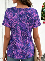 Purple Abstract Leaf Print V Neck Short Sleeve Curved Hem Casual T-Shirt