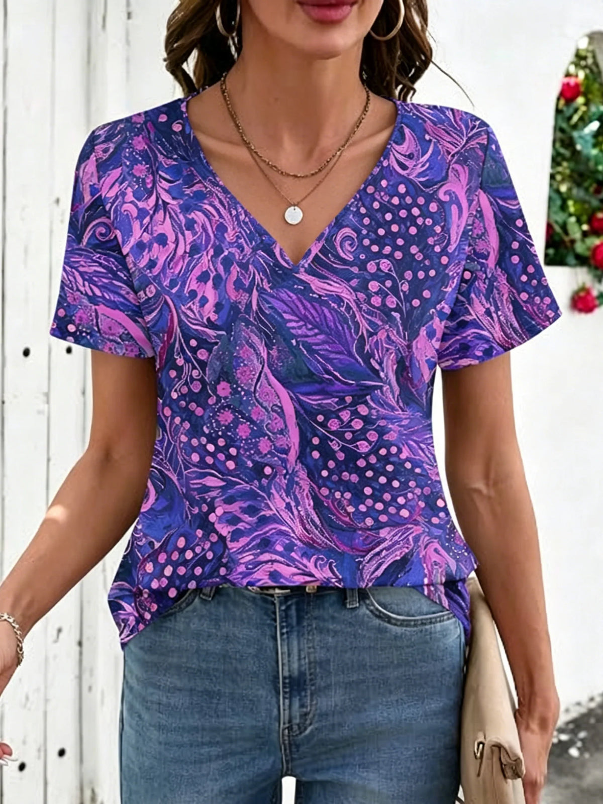 Purple Abstract Leaf Print V Neck Short Sleeve Curved Hem Casual T-Shirt