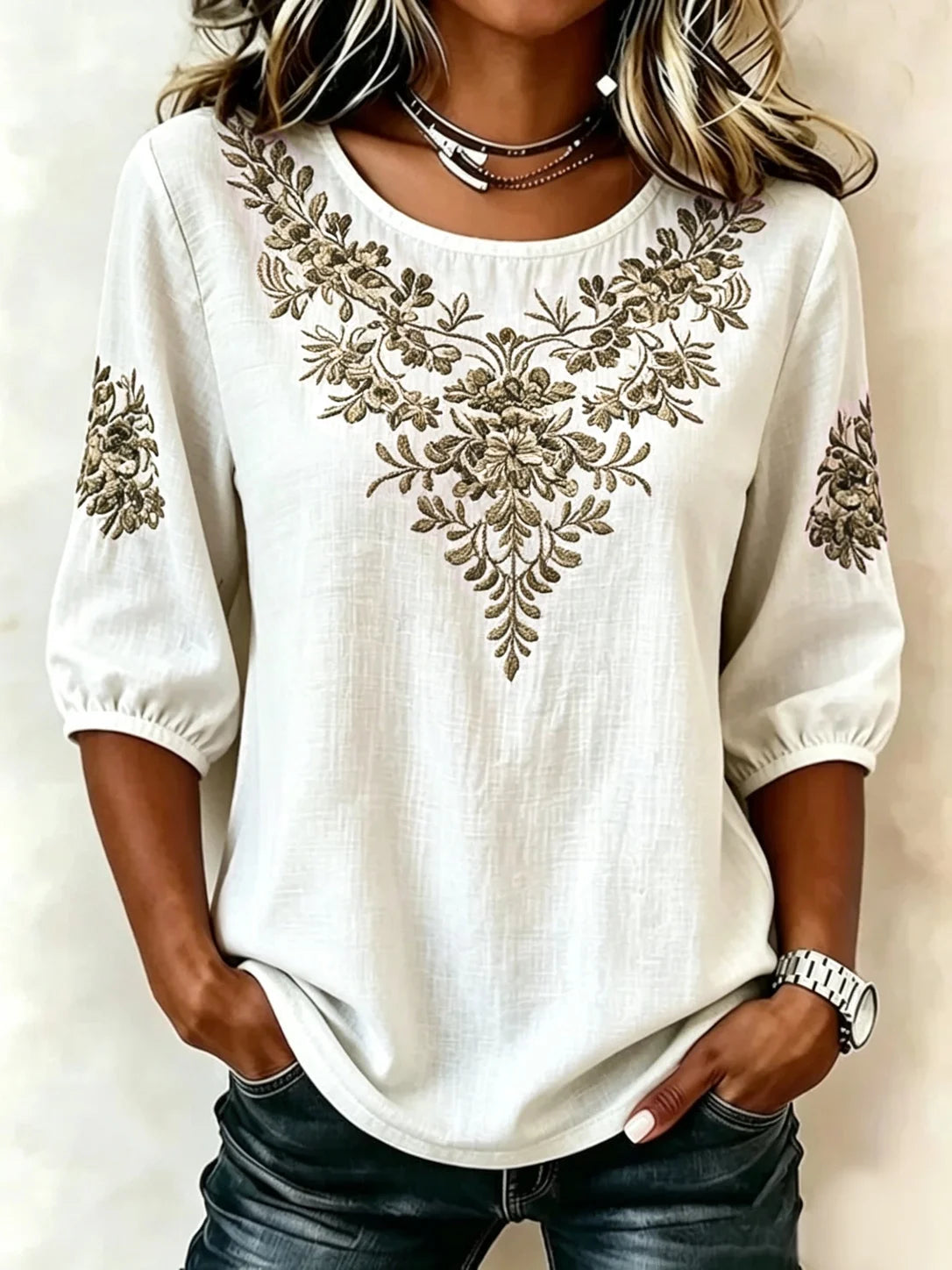 Vintage Floral Embroidery Crew Neck Puff Half Sleeve Loose Linen Blend Blouse