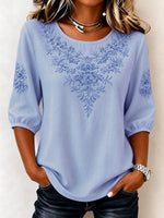 Light Blue Floral Embroidery Crew Neck Puff Half Sleeve Loose Casual Blouse