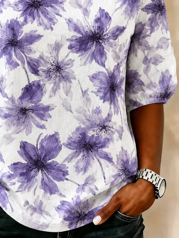 White Base Purple Watercolor Floral Crew Neck Puff Half Sleeve Loose Blouse