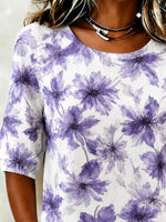 White Base Purple Watercolor Floral Crew Neck Puff Half Sleeve Loose Blouse