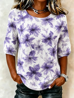 White Base Purple Watercolor Floral Crew Neck Puff Half Sleeve Loose Blouse