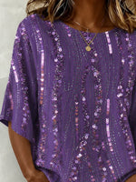 Purple Glitter Sequin Vertical Print Crew Neck Batwing Half Sleeve Loose Party Blouse