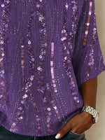 Purple Glitter Sequin Vertical Print Crew Neck Batwing Half Sleeve Loose Party Blouse