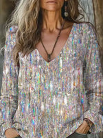 Iridescent Glitter Geometric Print V Neck Long Sleeve Casual Tee Shirt For Spring Fall