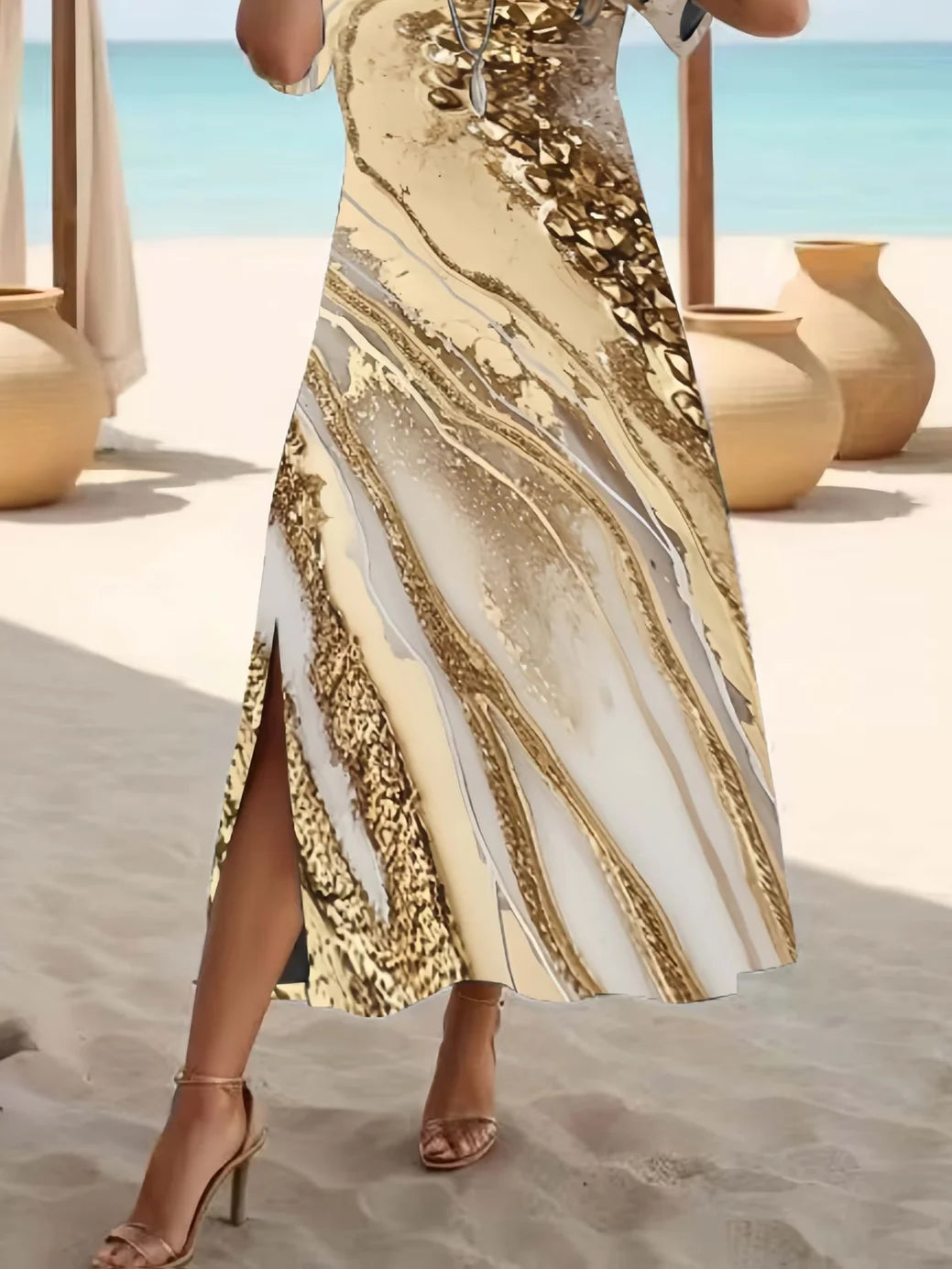 Gold Marble Abstract Print Crew Neck Short Sleeve Side Split Summer Maxi T-Shirt Dress