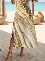 Gold Marble Abstract Print Crew Neck Short Sleeve Side Split Summer Maxi T-Shirt Dress