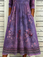 Purple Vintage Floral Ethnic Border Crew Neck 3/4 Sleeve Loose Midi Dress With Pockets