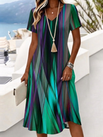 Gradient Green Purple Striped Abstract V Neck Short Sleeve Loose Midi Casual Dress