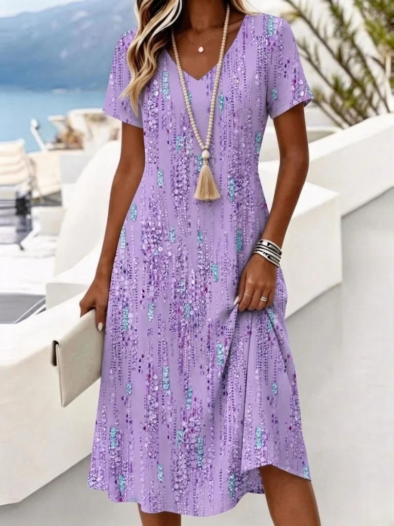 Purple Glitter Vertical Dot Print V Neck Short Sleeve Irregular Hem Vacation Midi Dress