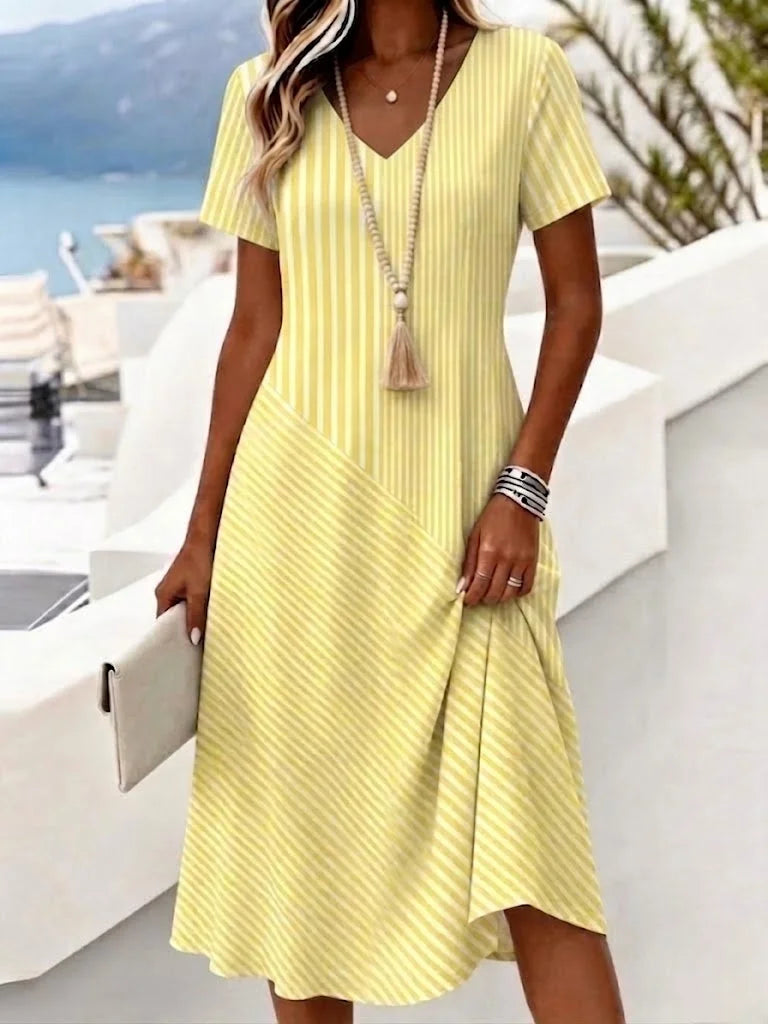 Yellow Mixed Vertical Diagonal Striped V Neck Short Sleeve Irregular Hem Casual Midi Dress