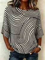 Women Abstract Stripes Half Sleeve Casual Blouse