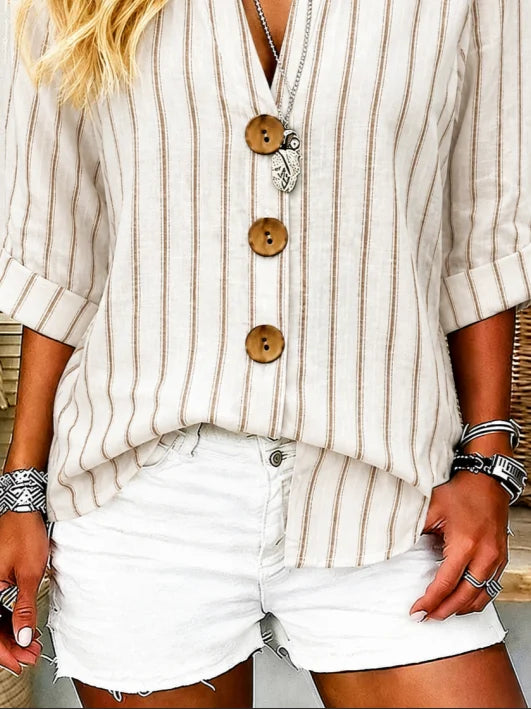 Striped Linen Blend Stand Collar 3/4 Sleeve Shirt