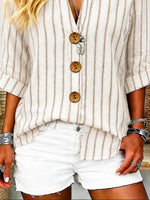 Striped Linen Blend Stand Collar 3/4 Sleeve Shirt