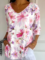Women Watercolor Floral V Neck 3/4 Sleeve Daily Tee