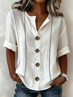 Women Geometric Striped Stand Collar Linen Blend Shirt
