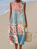 Women Boho Patchwork Floral Polka Dot Sleeveless Summer Midi Dress