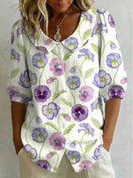 Women Peter Pan Collar Half Sleeve Purple Floral Cotton Linen Casual Top