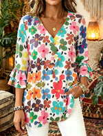 Women Colorful Floral V Neck Double Ruffle 3/4 Sleeve Casual Blouse