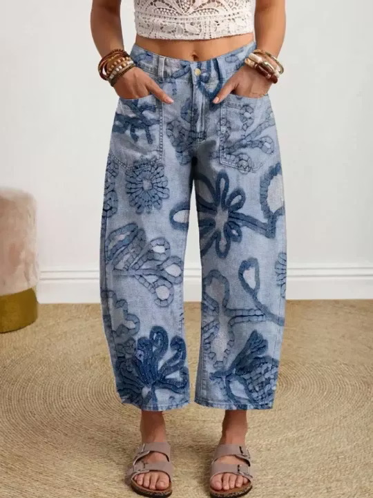 Women Vintage Textured Floral Art Print Casual Cotton Trousers With Pockets