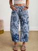 Women Vintage Textured Floral Art Print Casual Cotton Trousers With Pockets