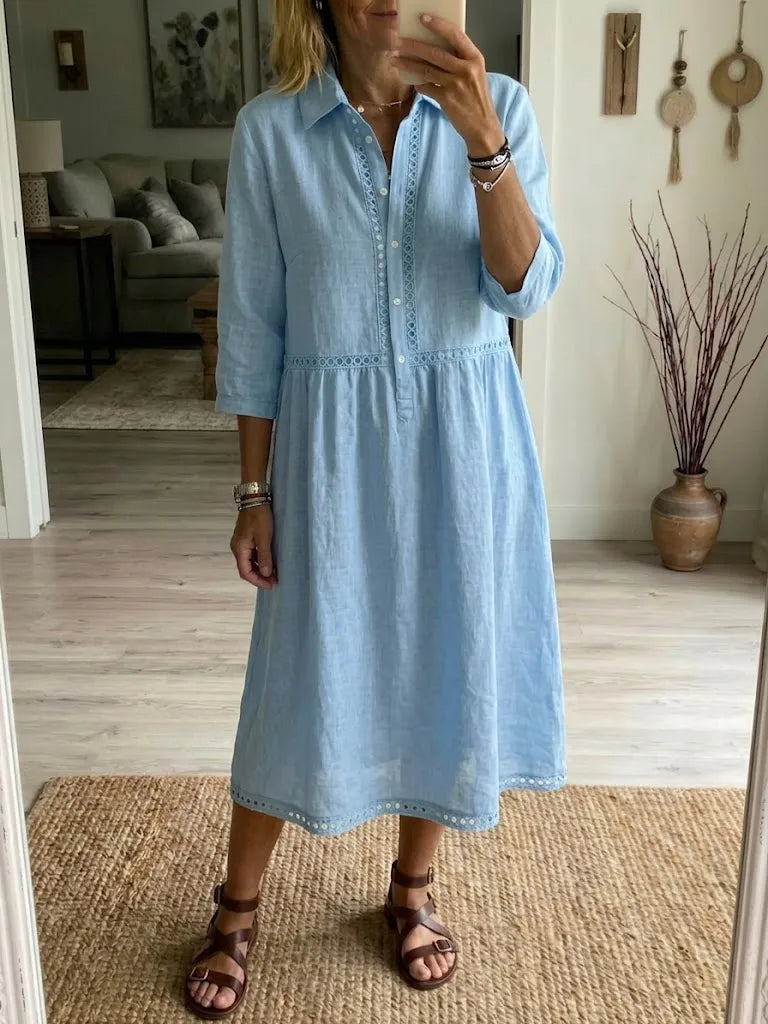 Light Blue Openwork Eyelet Collared 3/4 Sleeve Cotton Linen Loose Midi Shirt Dress