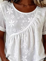 White 3D Floral Embroidery Round Neck Cuffed Short Sleeve Ruched Loose Summer Casual Top
