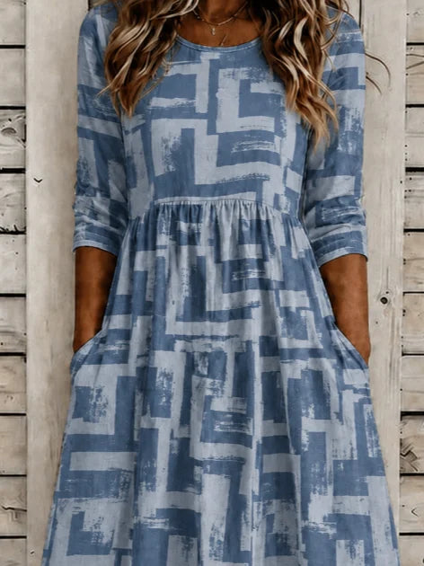 Women Abstract Graphic Summer Dress Crew Neck Half Sleeve A-Line Maxi Dress