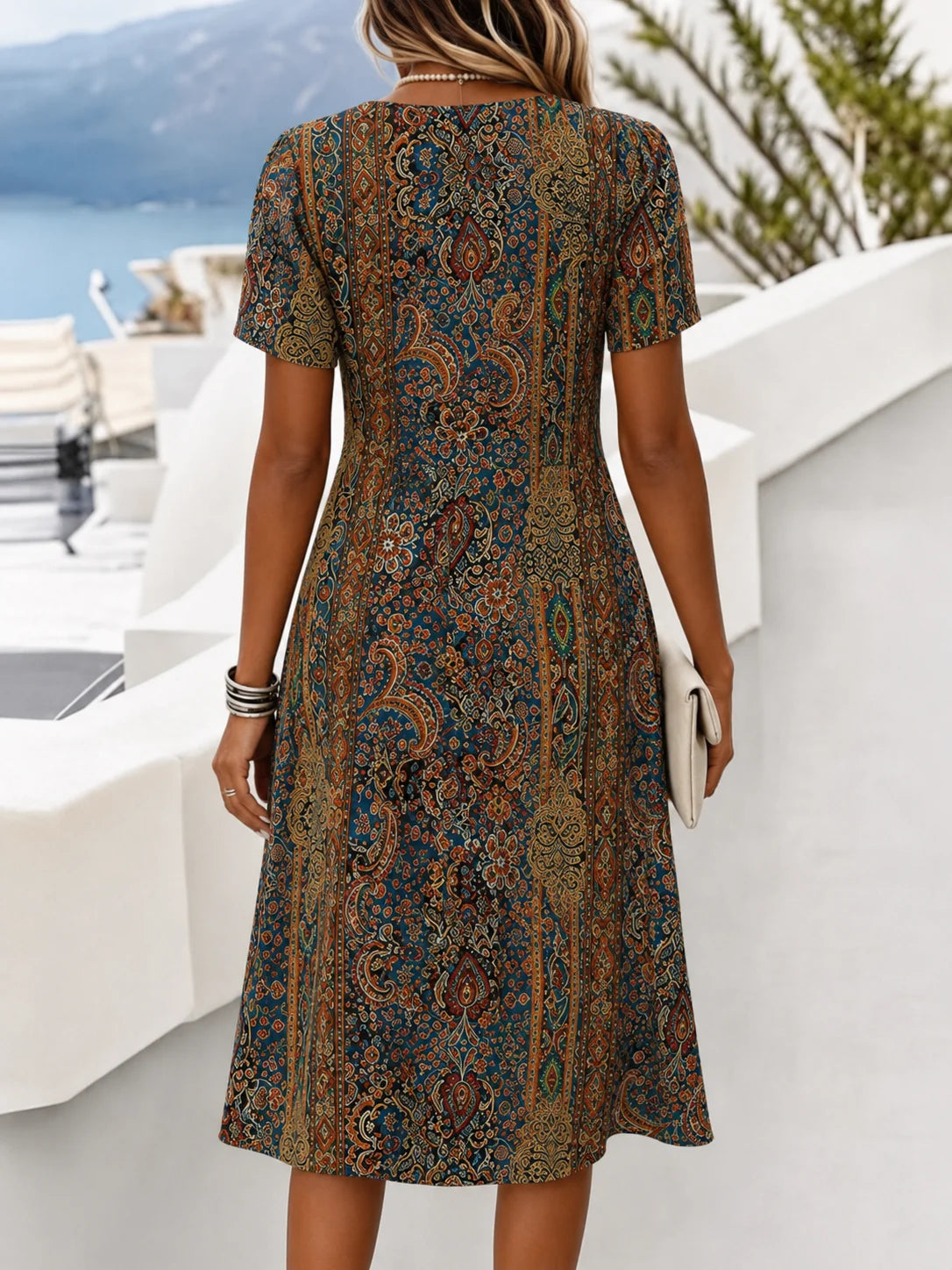 Women Floral Ethnic Summer Dress V Neck Short Sleeve A-Line Midi T-Shirt Dress