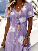 Women Floral Summer Dress V Neck Short Sleeve A-Line Midi T-Shirt Dress
