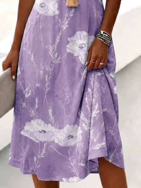 Women Floral Summer Dress V Neck Short Sleeve A-Line Midi T-Shirt Dress