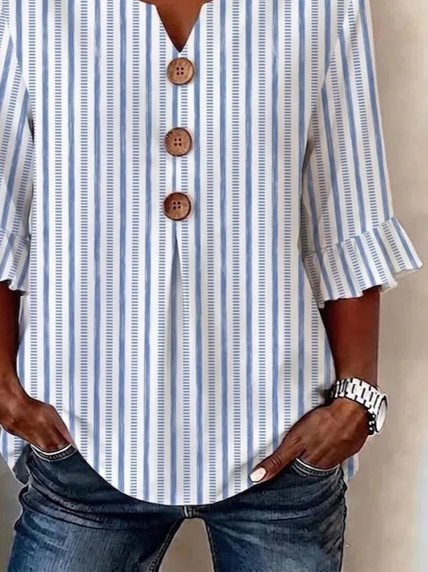 Women V Neck Half Sleeve Striped Blouse With Wooden Buttons