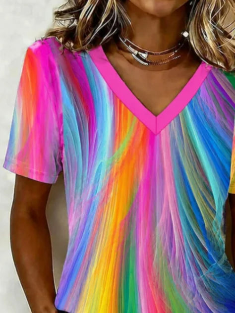 Vintage Abstract V Neck Short Sleeve Women T-shirt