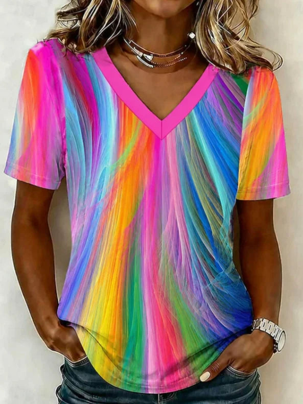 Vintage Abstract V Neck Short Sleeve Women T-shirt